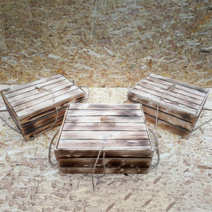 Burnt wooden box crates with rope handles
