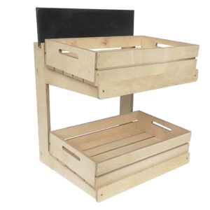 2-tasoinen puinen laatikkonäyttelyteline